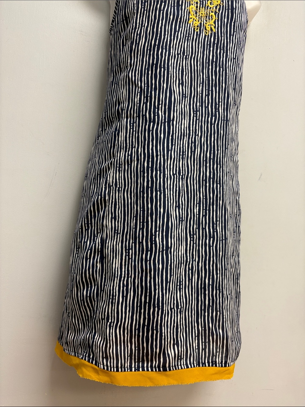 THML Embroidered Striped Shift Dress Navy & White with Mustard Embroidery Medium - Picture 4 of 12
